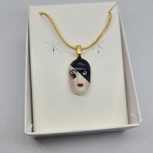 Vintage Fancy Faces Hand Painted Porcelain Mask Mini Pendant Necklace